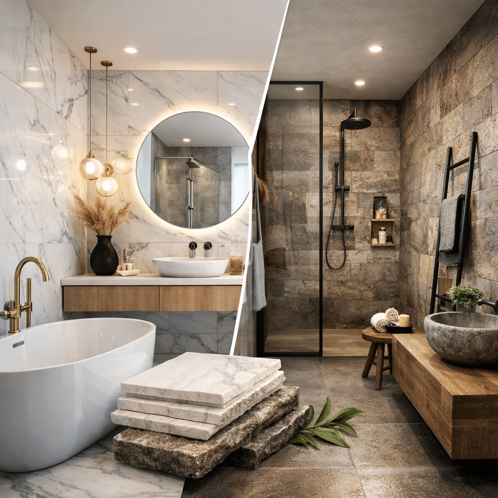 Bagno moderno: idee con piastrelle effetto marmo e pietra